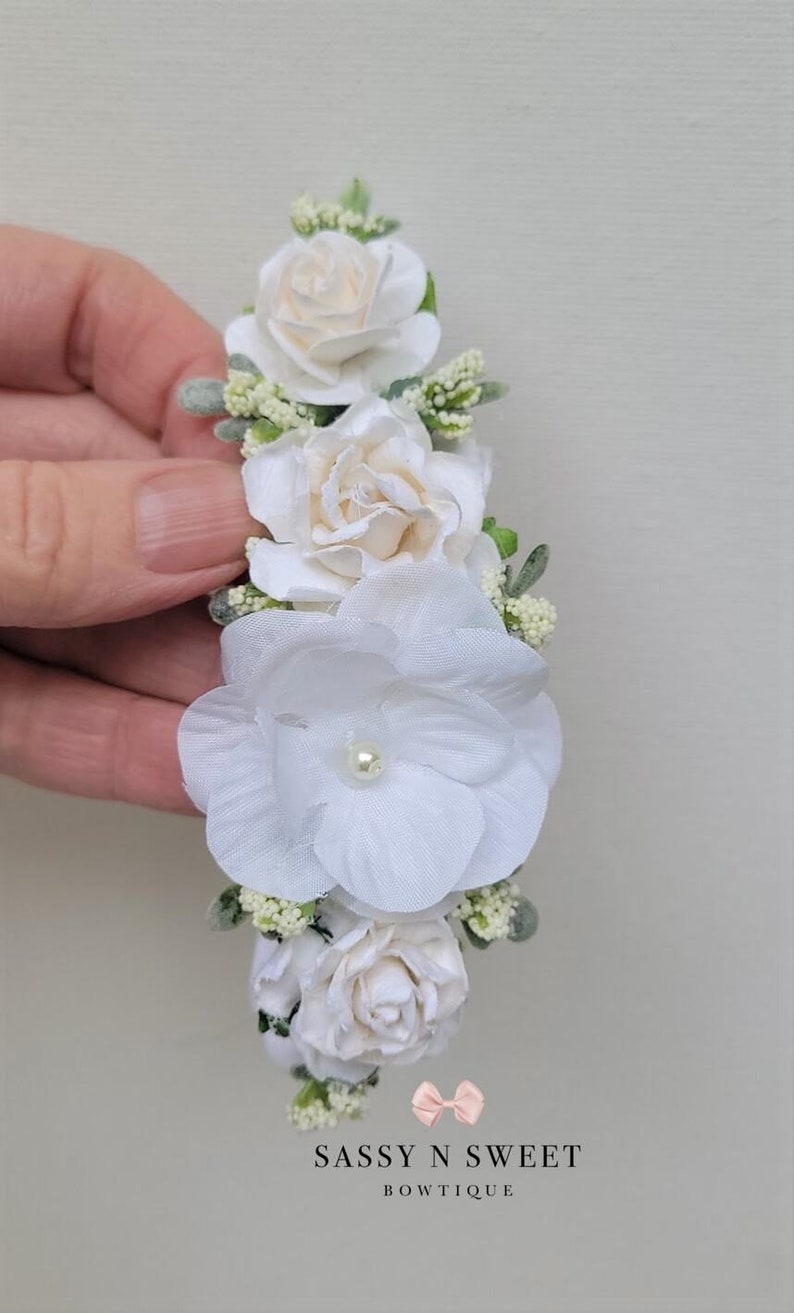 Soft white ivory Baby Toddler floral headband Baptism accessories hairpiece Christening photo prop session shower gift wedding flower custom image 5