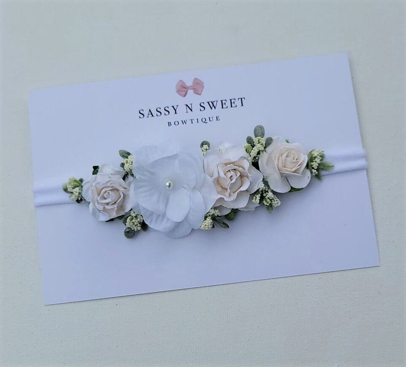 Soft white ivory Baby Toddler floral headband Baptism accessories hairpiece Christening photo prop session shower gift wedding flower custom image 3