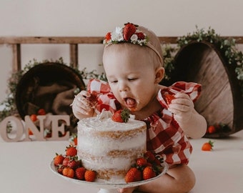 Baby floral headband Strawberry hair accessories hairpiece Strawberries boho photo prop session blossom first boho flower 1st pink birthday