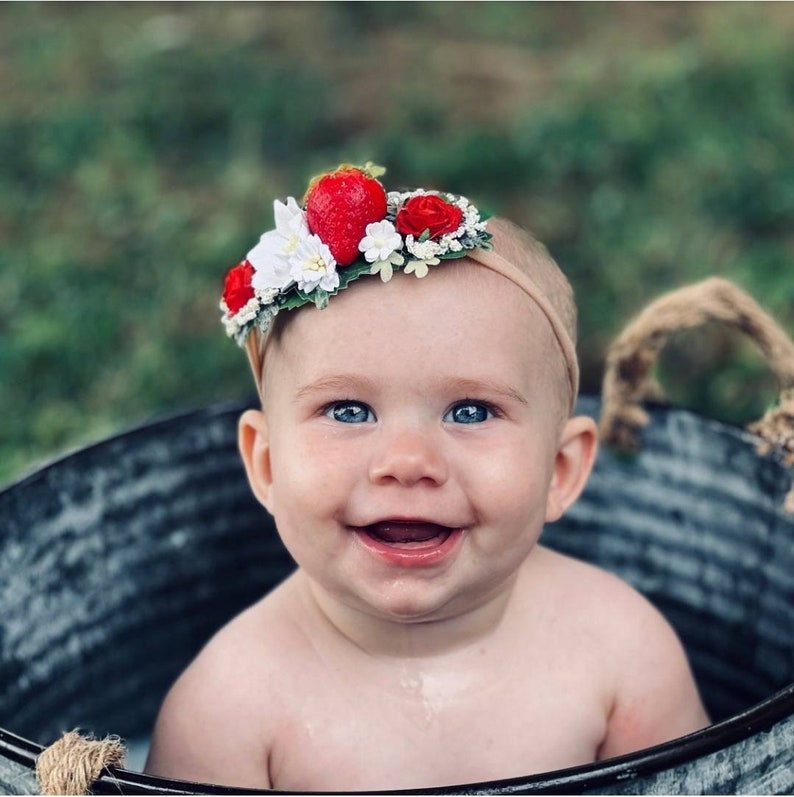 Baby floral headband Strawberry hair accessories hairpiece Strawberries boho photo prop session blossom first boho flower 1st pink birthday image 2