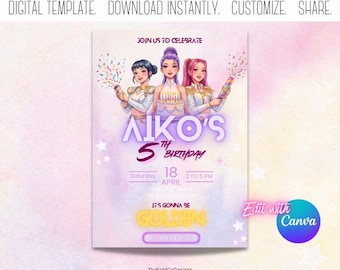 Kpop Demon Hunters Birthday Party Invitation, Editable Canva Template, Pastel Huntrix Theme, Digital Download, Printable