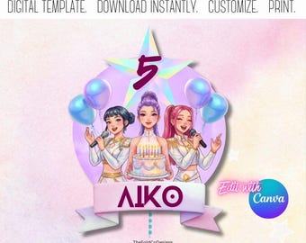 Kpop Demon Hunters Cake Topper, Editable Canva Template, Pastel Huntrix Theme, Rumi, Mira & Zoey Cake Topper, Digital Download, Printable