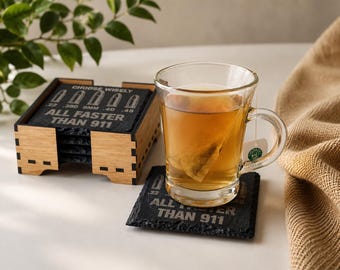 Funny Engraved Slate Coaster Set with Wooden Holder | Handmade Drink Coasters | Housewarming Gift