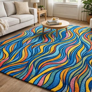 Modern Abstract Colorful Rug | Hand-Tufted Wool Wave Carpet | Bright Contemporary Custom Area Rug | Statement Floor Decor