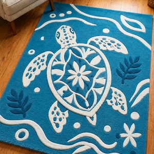 Sea Turtle Rug, Ocean Inspired Area Rug, Coastal Decor, Hand Tufted Wool Rug