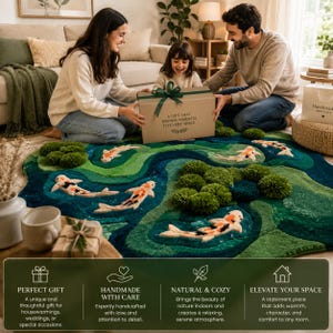 May include: A tufted area rug featuring a layered pond design in shades of green and blue, decorated with several koi fish motifs and raised, textured green circular elements that resemble mossy stones or aquatic plants on the surface.
