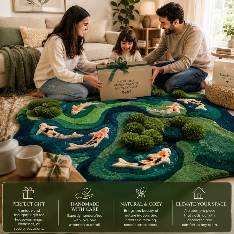 May include: A tufted area rug featuring a layered pond design in shades of green and blue, decorated with several koi fish motifs and raised, textured green circular elements that resemble mossy stones or aquatic plants on the surface.
