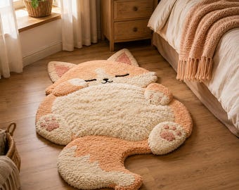 Cute Sleeping Cat Rug, Peach Cream Tufted Area Rug, Kawaii Animal Floor Mat, Kids Bedroom Nursery Decor, Handmade Shag Rug