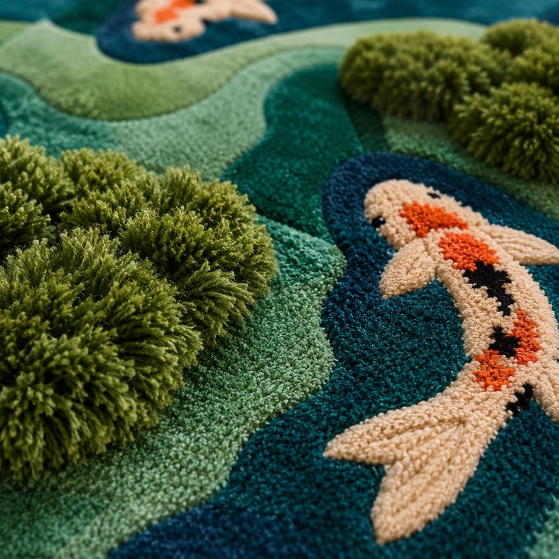 May include: A tufted rug featuring a koi fish design with orange, black and cream colours. The rug has a textured surface with deep green and light green wavy patterns and raised, moss-like green tufted sections resembling aquatic plants.