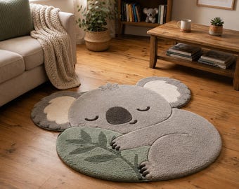 Sleeping Koala Rug, Cute Animal Area Rug, Handmade Tufted Nursery Rug, Kids Bedroom Decor, Gray Green Plush Floor Mat, Custom Size