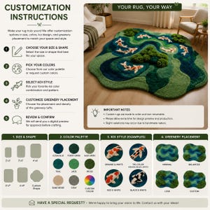 May include: An irregular, pond-shaped rug featuring layered shades of green, blue, and teal with raised tufted greenery and several koi fish designs. The image includes text detailing customisation instructions for size, colour, koi style, and greenery.