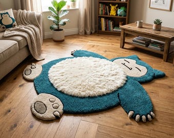 Snorlax Pokémon-Teppich, niedlicher Cartoon-Teppich, Kawaii-Schlafzimmerdeko, handgefertigter getufteter Teppich, Anime-Fußmatte, einzigartiges Geschenk für Gamer