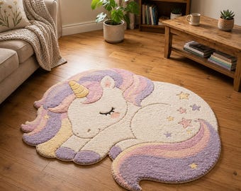 Sleeping Unicorn Rug, Pastel Rainbow Tufted Area Rug, Cute Nursery Floor Decor, Kids Bedroom Carpet, Kawaii Horse Room Decor