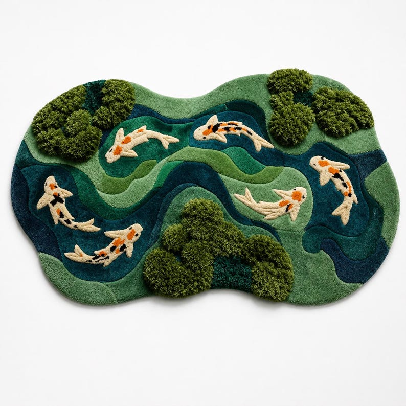 May include: An irregularly shaped tufted rug featuring a pond scene with five koi fish in white, orange, and black. The rug displays layered shades of green and blue to represent water, accented by textured, raised dark green moss-like clusters.