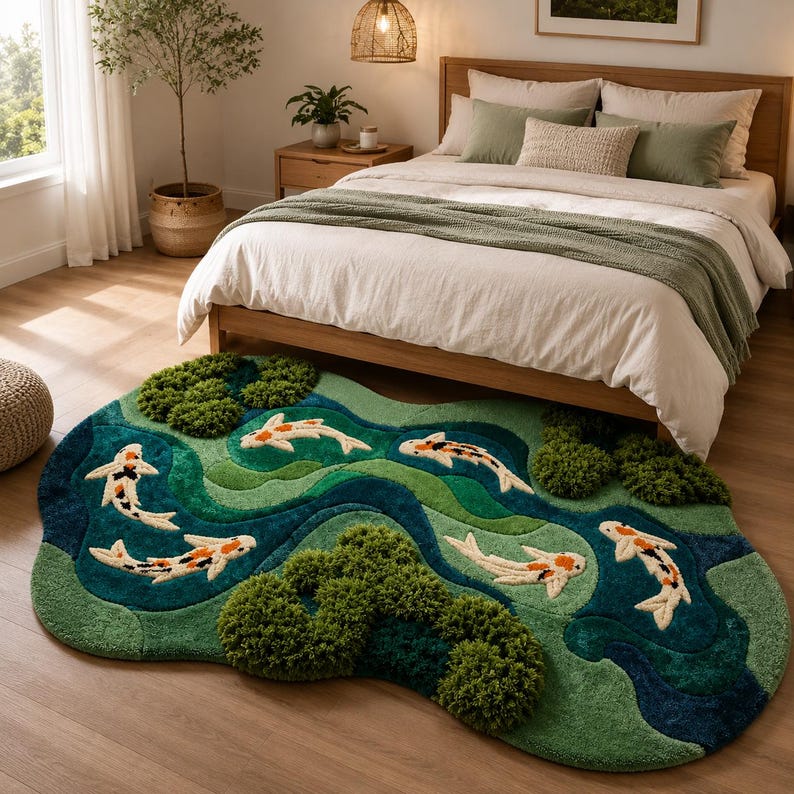 May include: An irregularly shaped area rug featuring a pond design with multiple white, orange, and black koi fish swimming through layered shades of green and blue water, accented by textured, raised green tufts resembling mossy stones.