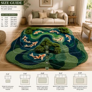 May include: An irregular, pond-shaped area rug featuring a layered green water design with orange and white koi fish and textured green moss-like accents. The rug includes a size guide with dimensions from 61cm x 91cm to 183cm x 274cm and visual placement diagrams.