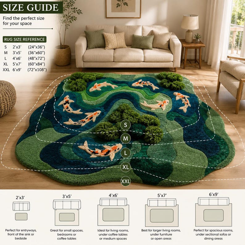 May include: An irregular, pond-shaped area rug featuring a layered green water design with orange and white koi fish and textured green moss-like accents. The rug includes a size guide with dimensions from 61cm x 91cm to 183cm x 274cm and visual placement diagrams.