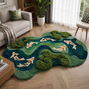 May include: An irregularly shaped area rug featuring a pond scene with multiple white, orange, and black koi fish swimming through deep blue and green water, accented by raised, textured green patches representing mossy stones or aquatic vegetation.