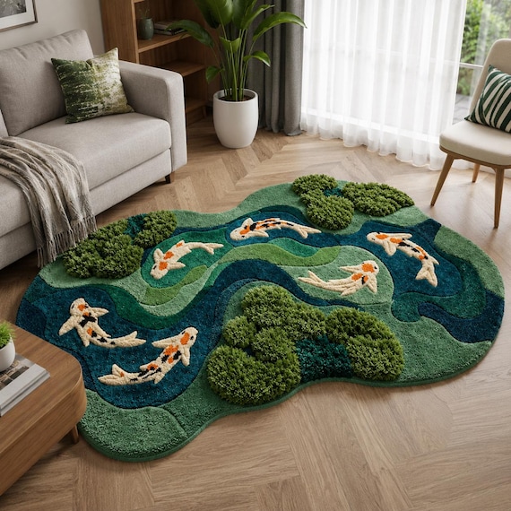 Koi Pond Rug, Handmade Tufted Area Rug, Moss Rug, Nature Inspired Carpet, Japanese Fish Rug, 3D Tufted Rug, Custom Rug Decor Gift