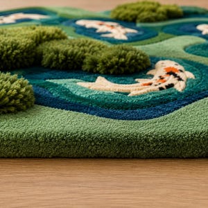 May include: A tufted rug featuring a pond design with white, orange, and black koi fish swimming among green moss-like textures. A metal ruler is placed vertically on the right side, showing the rug has a thickness of approximately 1.3 centimetres.