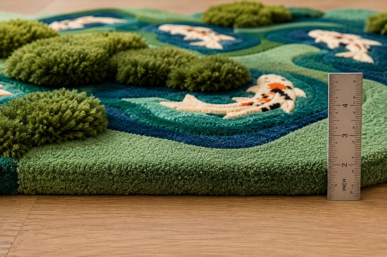 May include: A tufted rug featuring a pond design with white, orange, and black koi fish swimming among green moss-like textures. A metal ruler is placed vertically on the right side, showing the rug has a thickness of approximately 1.3 centimetres.