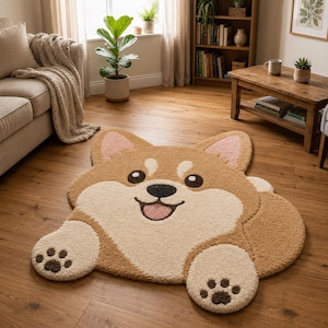 Peut inclure: Un tapis touffeté en forme de chien Corgi. Le tapis présente une palette de couleurs beige et crème avec un nez noir, des yeux marron foncé et une langue rose. Le design comprend deux pattes avant avec des coussinets marron foncé et des oreilles pointues avec des accents roses.