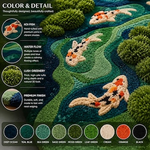 May include: A hand-tufted rug featuring a koi pond design with three cream, orange, and black koi fish swimming through flowing water patterns in shades of deep ocean, teal blue, sea green, and sage green, accented by high-pile moss green tufts.