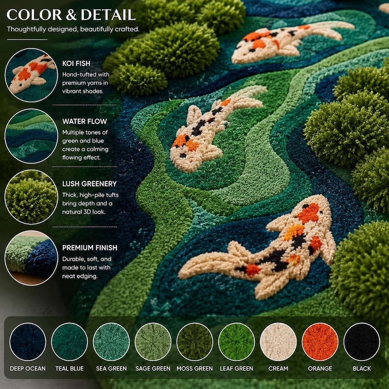 May include: A hand-tufted rug featuring a koi pond design with three cream, orange, and black koi fish swimming through flowing water patterns in shades of deep ocean, teal blue, sea green, and sage green, accented by high-pile moss green tufts.
