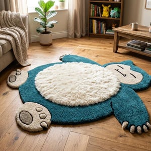 May include: A large, plush area rug shaped like the character Snorlax, featuring a deep teal blue body with a large, circular, cream-coloured shaggy belly, beige paws with dark claws, and a sleeping facial expression with closed eyes and a mouth.