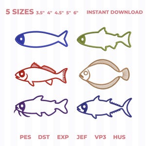 May include: Six embroidered fish outlines in blue, green, red, tan, and purple. Text reads 5 SIZES 3.5" 4" 4.5" 5" 6" INSTANT DOWNLOAD and file formats PES DST EXP JEF VP3 HUS. These digital embroidery designs feature various fish species.