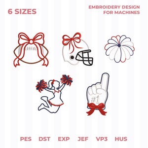Könnte beinhalten: Ein digitales Stickdesign-Set in sechs Größen und Formaten, darunter PES, DST, EXP, JEF, VP3 und HUS. Die Grafiken zeigen einen Football mit roter Schleife, einen Helm mit roter Schleife, einen Pompon, eine Cheerleaderin und einen Schaumstofffinger.