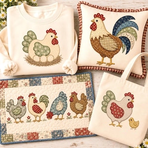 May include: A cream sweatshirt with a hen on a nest, a square pillow with a rooster, a rectangular quilted mat featuring four chickens, and a cream tote bag with a hen and chick. All items feature patchwork-style chicken illustrations.