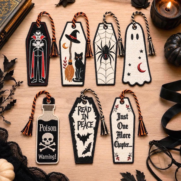 Set di ricamo per segnalibro ITH di Halloween, file di ricamo per macchina da ricamo con bara gotica e lettura, set di scheletro vampiro fantasma, download immediato