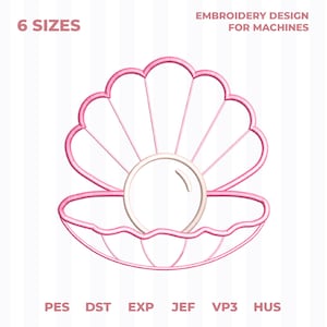 Puede incluir: Un diseño de bordado para máquinas con el contorno rosa de una concha abierta con una perla central. El texto 6 SIZES y EMBROIDERY DESIGN FOR MACHINES está presente, junto con los formatos PES, DST, EXP, JEF, VP3 y HUS en la parte inferior.