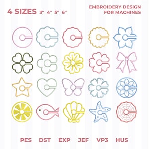May include: A collection of machine embroidery designs in various shapes, including flowers, a star, and a butterfly. The designs are available in 4 sizes: 3", 4", 5", and 6" (7.6cm, 10.2cm, 12.7cm, and 15.2cm). The text "EMBROIDERY DESIGN FOR MACHINES" is at the top. File formats include PES, DST, EXP, JEF, VP3, and HUS.