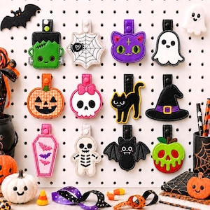 Halloween Keychain Applique Embroidery Design Bundle, Pumpkin Ghost Bat ITH Bag Tag Machine File, Trick Treat Charm File, Instant Download