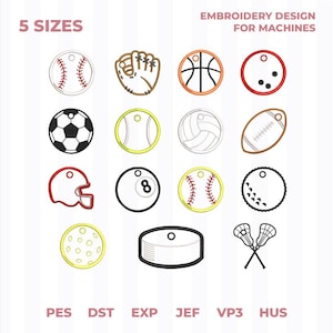 May include: An embroidery design featuring various sports-themed icons, including a baseball, baseball glove, basketball, bowling ball, soccer ball, tennis ball, volleyball, football, helmet, 8-ball, golf ball, hockey puck, and lacrosse sticks. The text "5 SIZES" and "EMBROIDERY DESIGN FOR MACHINES" are also present.