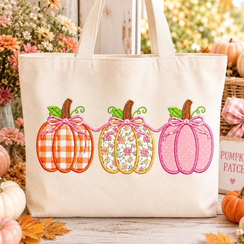 May include: A cream-coloured canvas tote bag featuring an embroidered design of three pumpkins connected by a pink string. The first pumpkin has an orange gingham pattern, the second a floral print, and the third a pink polka dot pattern.