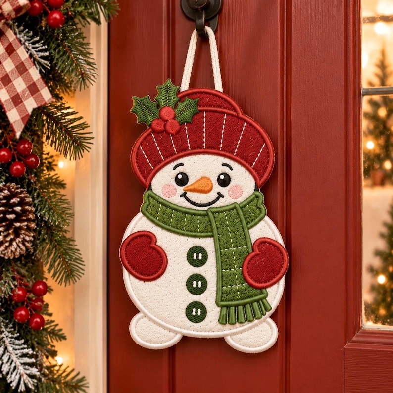 May include: A hanging snowman decoration featuring a white body, a red hat with green holly leaves and red berries, a green scarf, and red mittens. The snowman has three dark green buttons on its chest and an orange carrot nose.
