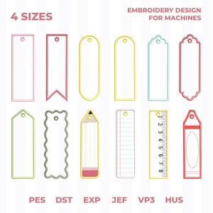 Pode incluir: Um design de bordado para m&aacute;quinas com 12 designs de marcadores em v&aacute;rias formas e cores. O texto "4 SIZES" e "EMBROIDERY DESIGN FOR MACHINES" s&atilde;o exibidos. Os designs incluem um l&aacute;pis, uma r&eacute;gua e um giz de cera.