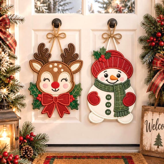 Christmas Door Hanging ITH Applique Embroidery Bundle, Reindeer Snowman Machine Embroidery File, Holiday Ornament Set, Instant Download