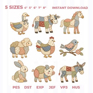 Patchwork Animal Applique Bundle, Spring Bunny Sheep Duck Bee Floral Embroidery File, Baby Blanket Wall Hanging Pattern