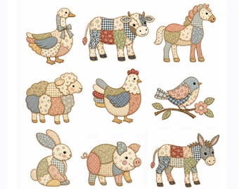 Patchwork Animal Applique Bundle, Spring Bunny Sheep Duck Bee Floral Embroidery File, Baby Blanket Wall Hanging Pattern