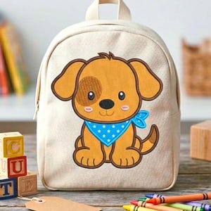 May include: A beige backpack with an embroidered cartoon puppy. The puppy has brown fur, a blue bandana, and a brown spot. The backpack has a top handle and a zip closure, suitable for children.