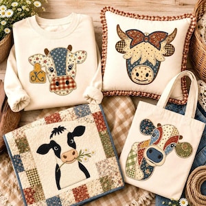 Pacchetto di disegni per applicazioni a forma di mucca patchwork, modello per ricamo a macchina di animali da fattoria, file vintage per applicazioni a forma di mucca per magliette in stile rustico.