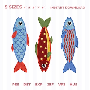 May include: Three embroidered fish designs in blue, red, and yellow. The left fish has blue scales and red fins. The center fish is red with yellow dots and green fins. The right fish has blue wavy stripes and red fins. Text reads 5 SIZES 4" 5" 6" 7" 8".