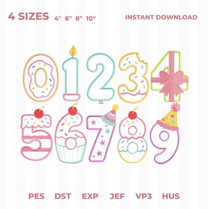 Puede incluir: Un conjunto de diseños de bordado con los números del 0 al 9, decorados con motivos de cumpleaños como donas, cupcakes, velas y gorros de fiesta. El texto 4 SIZES 4" 6" 8" 10" y los formatos PES, DST, EXP, JEF, VP3, HUS son visibles.