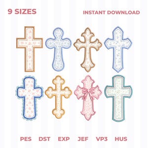 May include: A digital collection of eight distinct cross embroidery designs featuring floral patterns, decorative borders, and a pink bow accent. The text 9 SIZES and INSTANT DOWNLOAD appears at the top, with file formats PES, DST, EXP, JEF, VP3, HUS below.