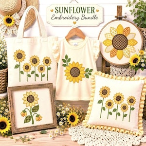May include: A sunflower embroidery bundle featuring a cream canvas tote bag, a cream t-shirt, a framed square embroidery piece, and a ruffled throw pillow, all decorated with yellow and brown sunflower motifs and green stems and leaves.
