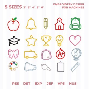 Könnte beinhalten: Ein Stickdesign-Set für Maschinen mit Motiven zum Thema Schule. Enthält einen Apfel, eine Glocke, einen Bleistift, ein Schulhaus, einen Rucksack, eine Abschlusskappe, einen Stern, eine Trophäe, eine Glühbirne, ein Herz, eine Schleife, einen Bus, einen Rucksack, ein A+ Abzeichen, einen Globus, eine Palette, ein Megaphon, eine Trillerpfeife, einen Notizblock und ein Lineal. Größen von 5.08 cm bis 15.24 cm.